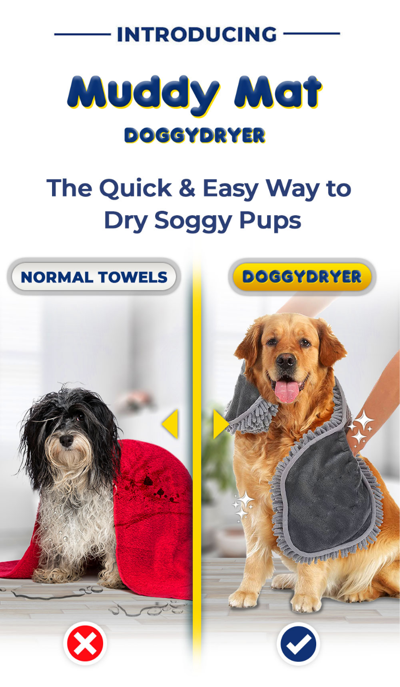 Muddy Mat® Doggy Dryer, Highly Absorbent Microfiber Washable Dog Shammy,  Quick Drying Towel Absorber, Extra Soft Plush Wrap Chenille Bath Towels to